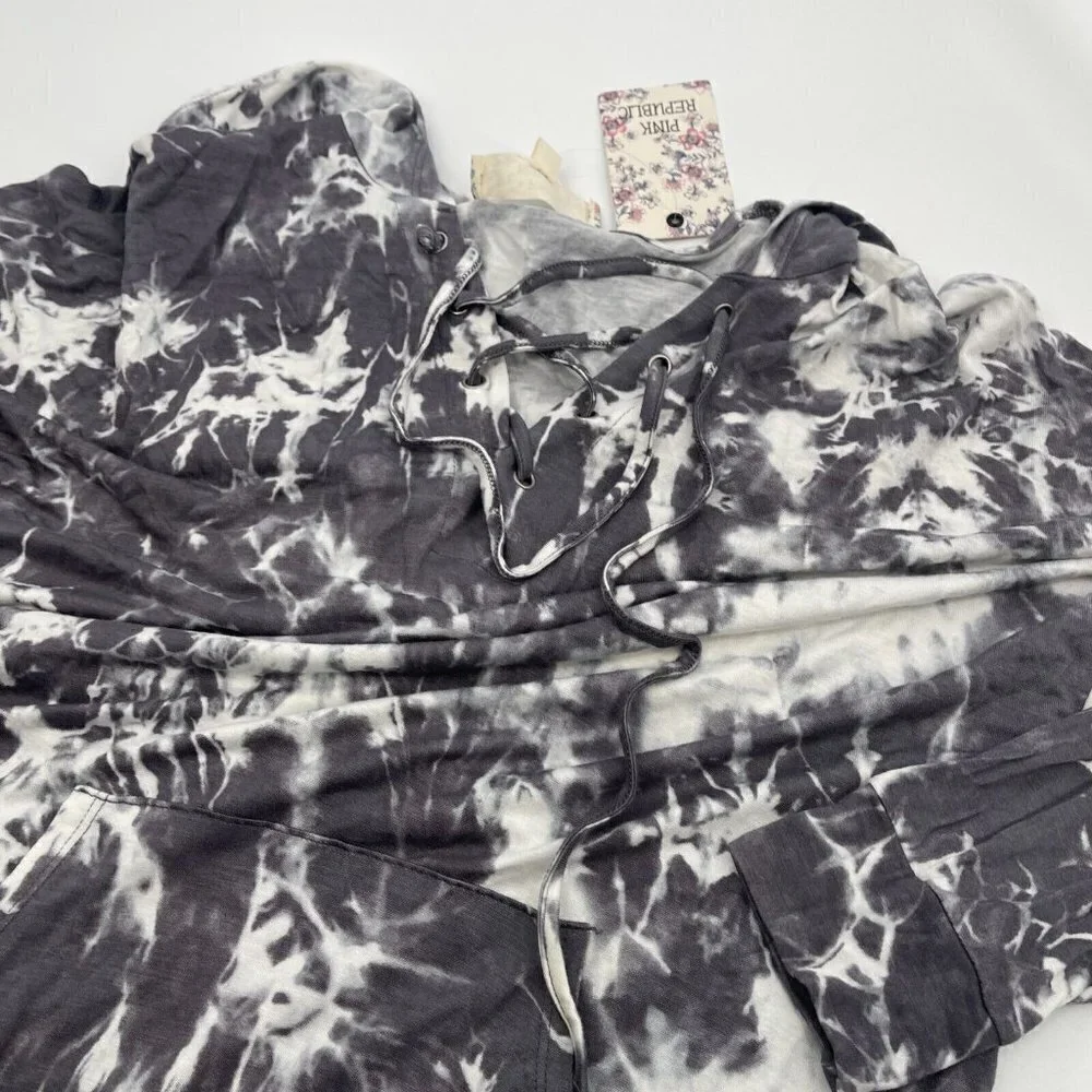 Pink Republic Hoodie Medium Womens Tie Dye Pullover Grey White Causal Knit New